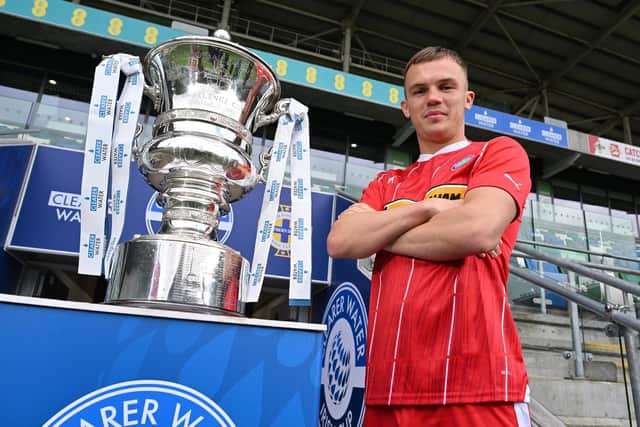 Cliftonville’s Rory Hale with the Irish Cup ahead of Saturday's final against Linfield. PIC: Stephen Hamilton/Presseye