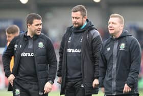 Ross Oliver (far right) took charge of Linfield at the Coleraine Showgrounds due to David Healy serving a one-match ban for accumulating three yellow cards