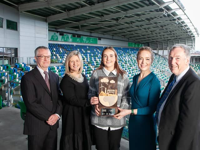 Pictured receiving the platinum award in the NI Environmental Benchmarking Survey is Collins Aerospace in Kilkeel, EH&S officer and sustainability team member, Naomi Rooney along with Brian Moreland, communication and CR manager at Moy Park, Grainia Long, chair of BITC environmental leadership team, Dr Lisa McIlvenna, deputy managing director, Business in the Community NI and Philip McMurray, head of waste legislation, Environmental Resources Policy Division, DAERA