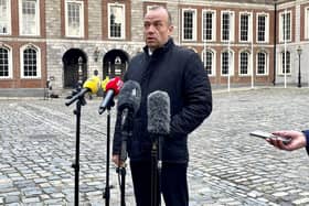 Northern Ireland Secretary Chris Heaton Harris speaks to the media after the British Irish Council meeting at Dublin Castle on Friday