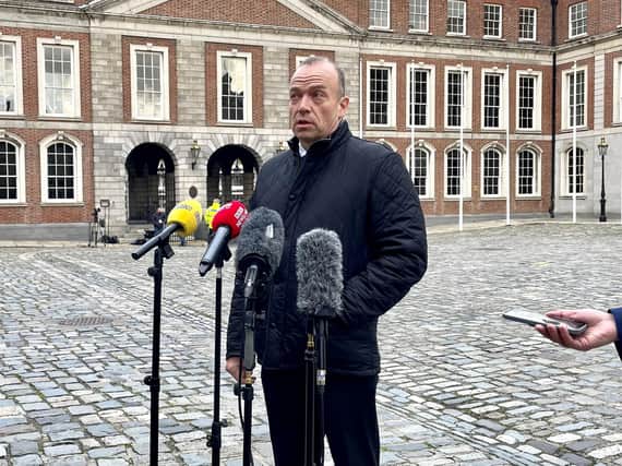 Northern Ireland Secretary Chris Heaton Harris speaks to the media after the British Irish Council meeting at Dublin Castle on Friday
