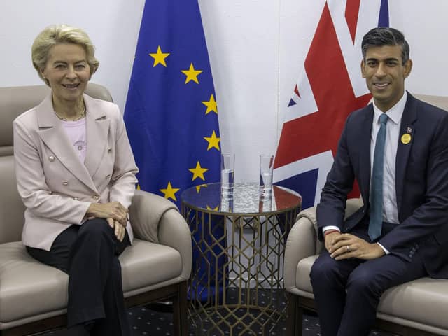 Prime Minister Rishi Sunak with Ursula von der Leyen during the Cop27 summit at Sharm el-Sheikh, Egypt in November past. Mr Sunak will hold face-to-face talks on Monday in the UK with the European Commission president as he looks to finalise a deal to fix issues with the Northern Ireland Protocol. Photo: Steve Reigate/Daily Express/PA Wire
