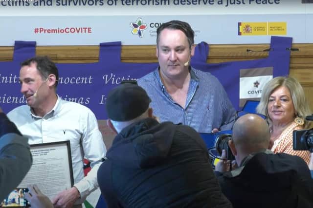 SEFF Advocacy Manager Pete Murtagh (left) and director Kenny Donaldson receiving the COVITE International Award for action for its 25 years of work in Spain recently. Previous recipients have included academics, priests, authors, journalists and activists.