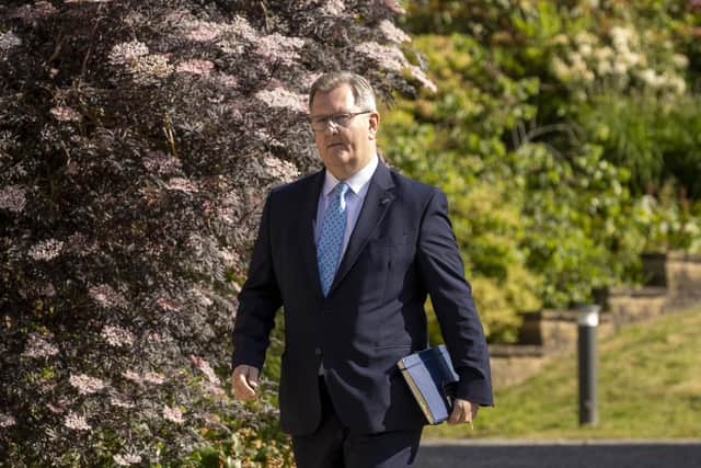 DUP leader Sir Jeffery Donaldson arriving at Stormont Castle, in Belfast, to meet the head of the Northern Ireland Civil Service, Jayne Brady. . Photo: Liam McBurney/PA Wire