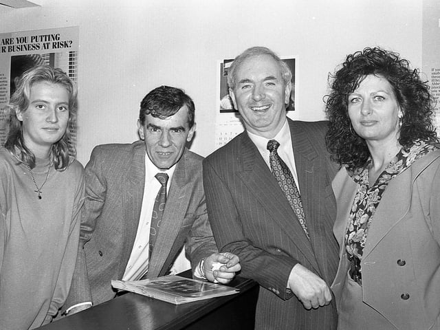 Loan specialists Eureka Finance, at the end of February 1992, extended their operations in North Down by opening new premises in the Bangor are to cope with the ever-increasing demand for their type of personal loan scheme where repayments could be collected at home or alternatively through a banker’s order. Billy Power, head of Eureka Finance, hoped to announce the opening of further offices in Newtownards and Holywood. Pictured are Billy Powers, second right, proprietor of Eureka Finance, Grays Hill, Bangor, with, from left, Jackie Finegan, Jim McMillan, manager, and company secretary Jean Powers. Picture: News Letter archives
