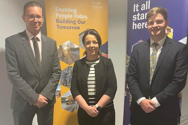 Pictured during a visit to Northern Ireland is Logistics UK’s chief executive Ben Fletcher with Infrastructure Minister Liz Kimmins and Logistics UK’s senior policy manager Josh Fenton