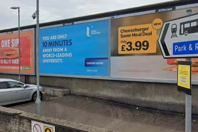 One of the University of Ulster ads with the 'world class' wording on the Ballycastle Road in Coleraine. Picture taken from Google images in July