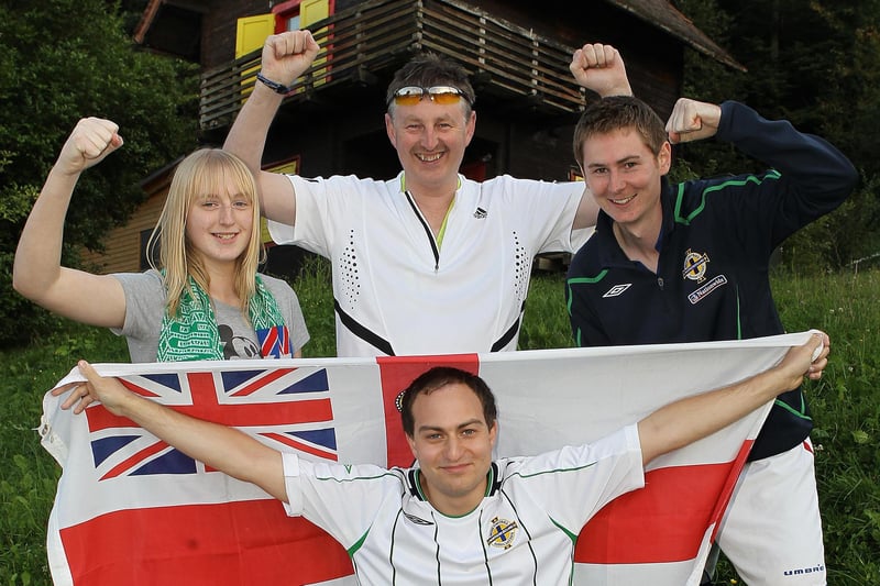 Northern Ireland fans (back L-R) Emma Quinn, Desi Quinn, Andrew McCutcheon and (front) Mark Emerson pictured in Maribor
