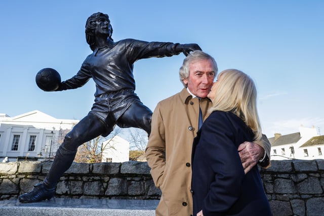 Press Eye - Belfast, Northern Ireland -04th November 2023 - Photo by William Cherry/PresseyeLegendary goalkeeper Pat Jennings performed the official unveiling of his statue in Kildare Street, Newry on Wednesday morning.  The legendary Northern Ireland goalkeeper was capped 119 times for Northern Ireland and played in two World Cups.His club career included winning five trophies with Tottenham and Arsenal in addition to being named the Players' Player of the Year [1976] and Football Writers' Player of the Year [1973].  Pat is pictured with his wife Eleanor .     Photo by William Cherry/Presseye 