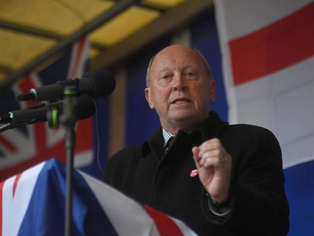 TUV Leader Jim Allister speaks during a anti-Northern Ireland Protocol rally in Bangor, County Down. Picture date: Saturday April 30, 2022.
