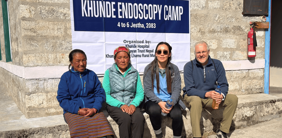 Dr Amrita Gurung (second from right) pictured with patients and a colleague at the Khunde Endoscopy Camp in Nepal