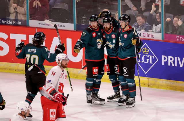 Belfast Giants’ Ciaran Long celebrates scoring against Dynamo Pardubice during Wednesday’s CHL game at The SSE Arena, Belfast. PIC: William Cherry/Presseye