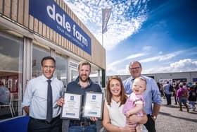 At this year's Balmoral Show, Dale Farm presented its annual producer awards to commend farmers in three categories for their outstanding efforts in improving milk hygiene. Pictured with Cormac McKervey, Ulster Bank and Fred Allen, Dale Farm are William, Oonagh and Ria Crawford