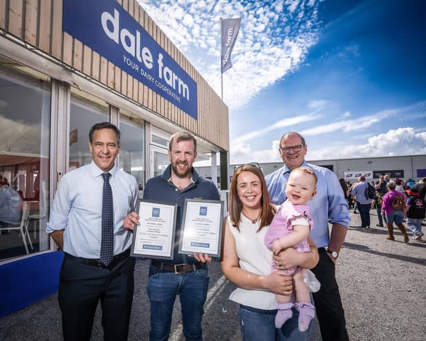At this year's Balmoral Show, Dale Farm presented its annual producer awards to commend farmers in three categories for their outstanding efforts in improving milk hygiene. Pictured with Cormac McKervey, Ulster Bank and Fred Allen, Dale Farm are William, Oonagh and Ria Crawford