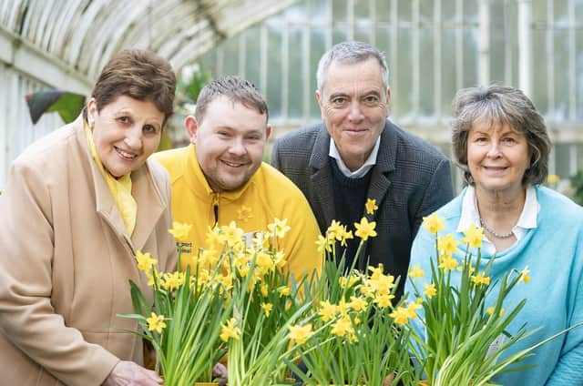 Undated handout photo issued by Marie Curie of actor James Nesbitt with Marie Curie volunteers (from left) Edwina Tester, Gary Stevenson and Lesley Barkley as the charity launched its annual fundraising appeal in Belfast