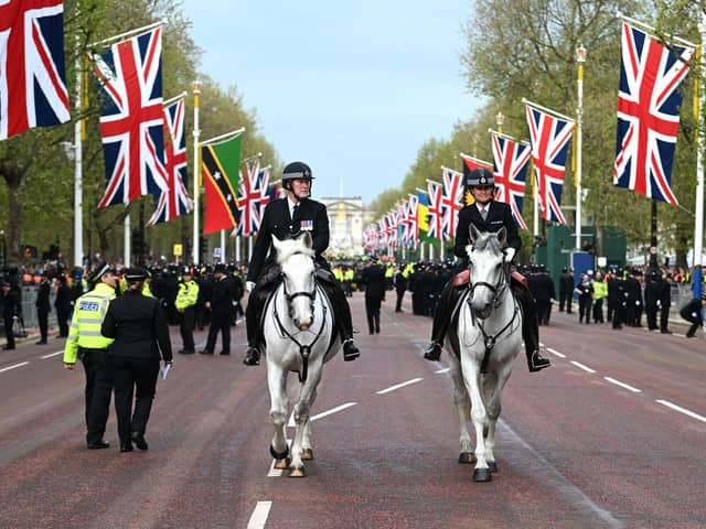 Mounted police officers on The Mall ahead of the coronation of King Charles III and Queen Camilla on Saturday.   Photo: Charles McQuillan/PA Wire