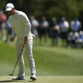 Rory McIlroy celebrates after a putt on the third hole during second round at the Masters golf tournament at Augusta