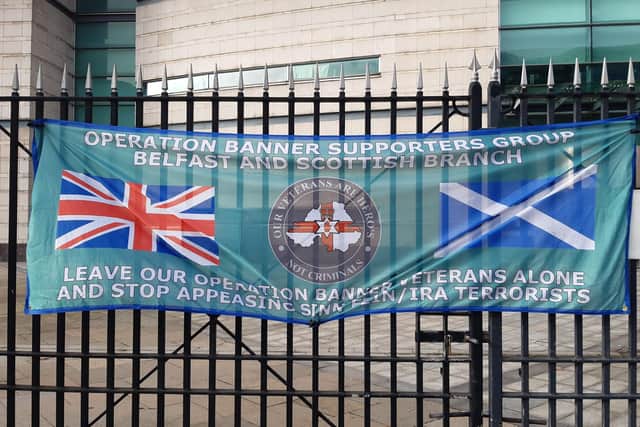 A flag outside Laganside court complex in Belfast in support of David Holden