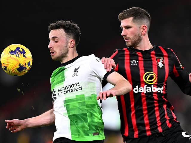 Liverpool's Diogo Jota (left) up against Chris Mepham in the victory over AFC Bournemouth. (Photo by Mike Hewitt/Getty Images)