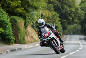 Coleraine's Lee Hara crashed on the final lap of the Manx Grand Prix Supersport race while running in a comfortable second place. (Photo by Callum Staley/Pacemaker Press)
