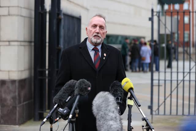 Paul Young, spokesperson for Northern Ireland Veterans Movement, speaks to the media outside Belfast Crown Court after former Grenadier Guardsman David Holden was given a suspended sentence of three years for the manslaughter of Aidan McAnespie, who was shot in the back at an army checkpoint in Northern Ireland in 1988