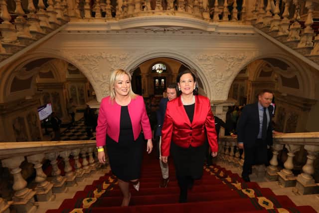 Sinn Fein Vice President Michelle O'Neill (left) and President Mary Lou McDonald at Belfast City Hall for the local election count. Ms O'Neill said: "The onus is now on the British and Irish governments to get together and focus their efforts on the immediate restoration of the executive" Photo Liam McBurney/PA Wire