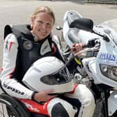 Paralysed motorcyclist Claire Lomas with the Suzuki she will ride on the North West 200 course on in May for charity.