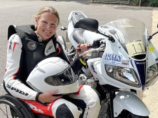 Paralysed motorcyclist Claire Lomas with the Suzuki she will ride on the North West 200 course on in May for charity.
