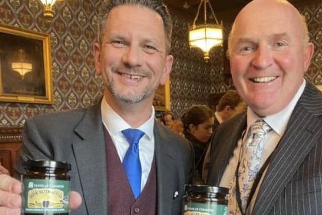 Minister of State Steve Baker, left, pictured with Alastair Bell of Irish Black Butter at the Northern Ireland food and drink showcase in Parliament
