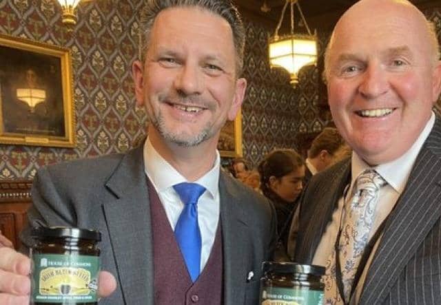 Minister of State Steve Baker, left, pictured with Alastair Bell of Irish Black Butter at the Northern Ireland food and drink showcase in Parliament