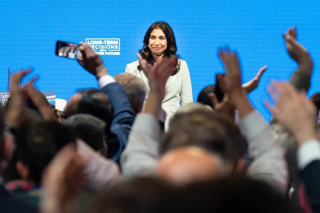 Home Secretary, Suella Braverman is applauded after delivering her keynote speech to the Conservative Party annual conference in Manchester. Picture date: Tuesday October 3, 2023. PA Photo. See PA story POLITICS Tories. Photo credit should read: Stefan Rousseau/PA Wire 