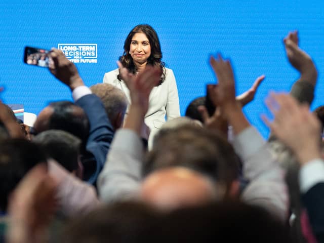 Home Secretary, Suella Braverman is applauded after delivering her keynote speech to the Conservative Party annual conference in Manchester. Picture date: Tuesday October 3, 2023. PA Photo. See PA story POLITICS Tories. Photo credit should read: Stefan Rousseau/PA Wire 