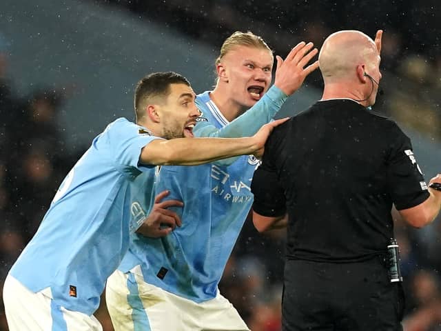 Manchester City's Erling Haaland and Mateo Kovacic (left) reacting to referee Simon Hooper in Sunday's Premier League match against Tottenham. (Photo by Martin Rickett/PA Wire)