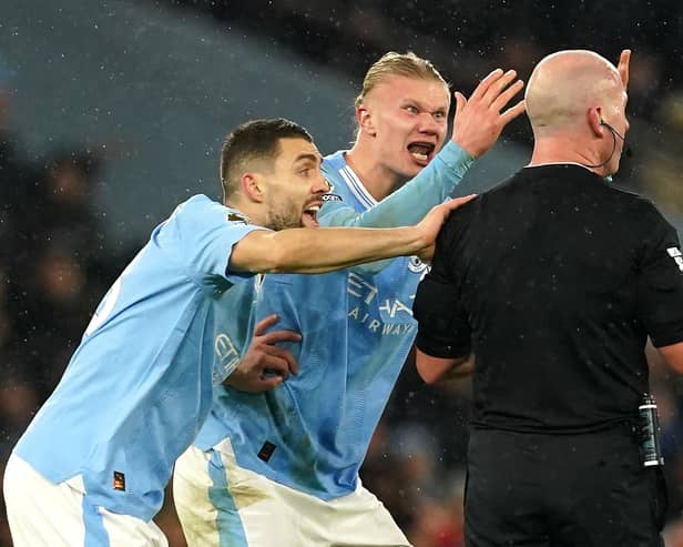 Manchester City's Erling Haaland and Mateo Kovacic (left) reacting to referee Simon Hooper in Sunday's Premier League match against Tottenham. (Photo by Martin Rickett/PA Wire)