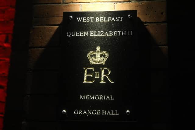 The new plaque at West Belfast Queen Elizabeth II Memorial Orange Hall