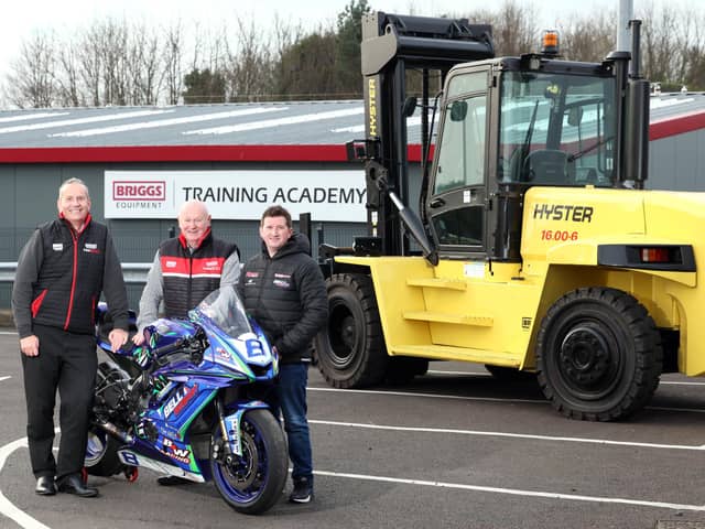 North West 200 racer Christian Elkin with Gary Clements, Briggs Equipment Ireland Group Director, and NW200 Race Director Mervyn Whyte MBE. (Photo by Stephen Davison/Pacemaker Press)