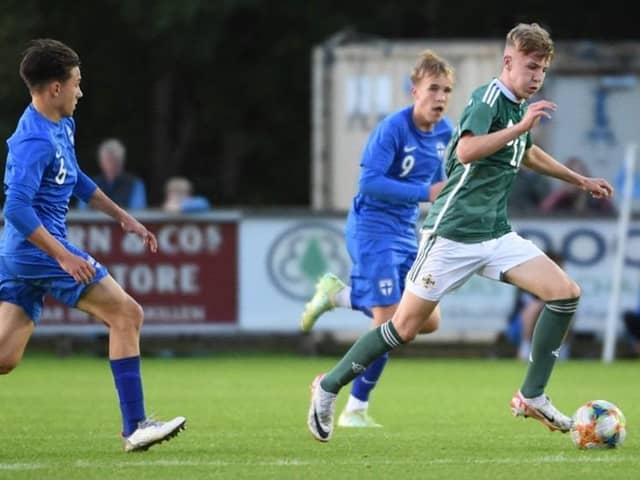 Northern Ireland under 16s' Glenn McCourt on show against Finland. (Photo by Irish Football Association)