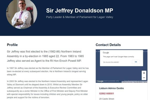 DUP website's party leader profile page on Sir Jeffrey Donaldson