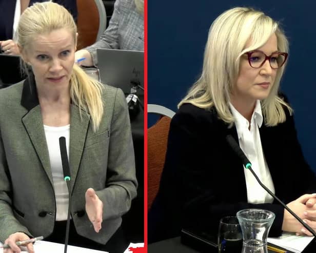 Clair Dobbin and Michelle O'Neill at the Covid inquiry, May 14, 2024