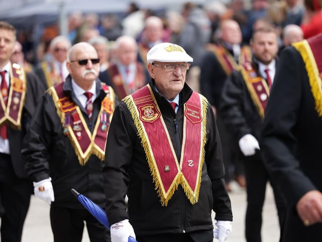 General view of the main Apprentice Boys of Derry parade as it makes its way through the centre of Lisburn.
