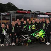Northern Ireland's James McManus celebrates his British Junior Supersport title win with the Completely Motorbikes/Affinity Sports Academy Kawasaki team and his family and friends at Brands Hatch. Picture: Bonnie Lane