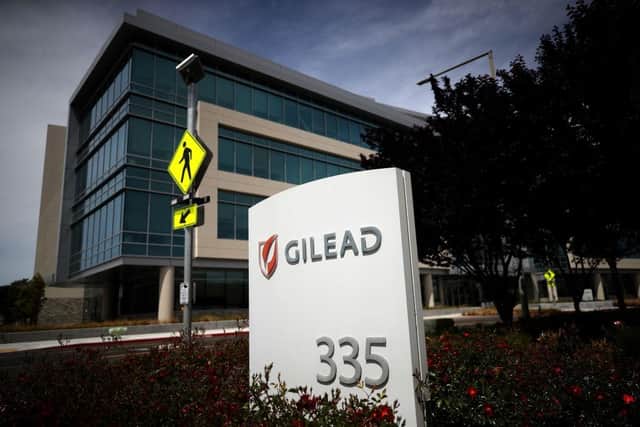 A sign is posted in front of the Gilead Sciences headquarters on April 29, 2020 in Foster City, California