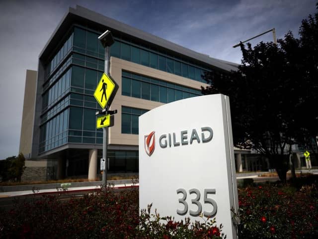 A sign is posted in front of the Gilead Sciences headquarters on April 29, 2020 in Foster City, California