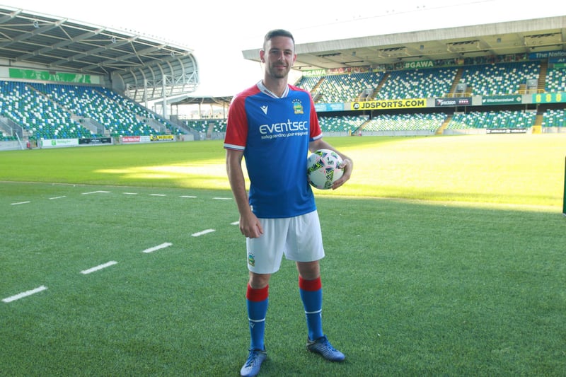 Linfield's summer signing Matthew Fitzpatrick was the first to model the new Blues home kit for the 2023/24 season