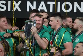 Ireland captain Peter O’Mahony lifts the Guinness Six Nations trophy following victory over Scotland at the Aviva Stadium, Dublin