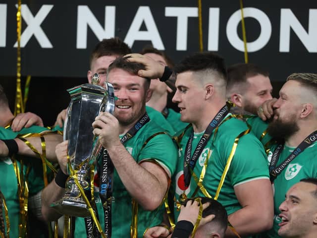 Ireland captain Peter O’Mahony lifts the Guinness Six Nations trophy following victory over Scotland at the Aviva Stadium, Dublin