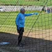 Former Crusaders goalkeeper Terry Nicholson playing for Donacloney Reserves aged 80. PIC: Donacloney FC