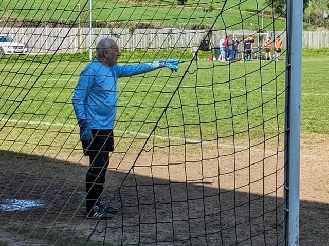 Former Crusaders goalkeeper Terry Nicholson playing for Donacloney Reserves aged 80. PIC: Donacloney FC