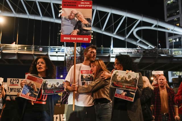 Families and friends of about 240 hostages held by Hamas in Gaza yesterday calling for Israeli Prime Minister Benjamin Netanyahu to bring them home during a demonstration in Tel Aviv, Israel
