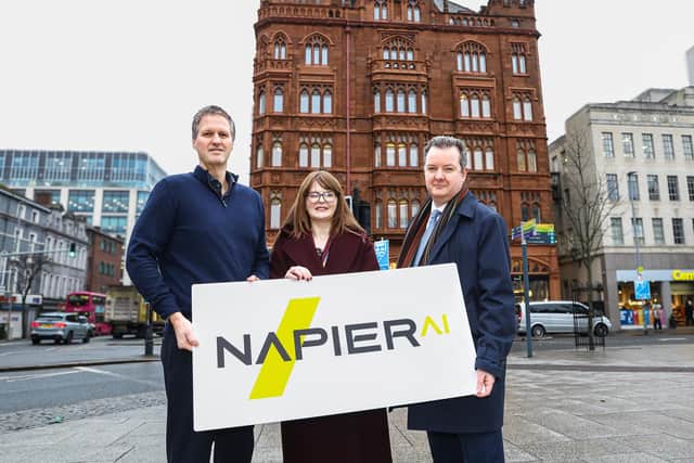 Napier Technologies Ltd, a leading provider of anti-money laundering and anti-financial crime compliance solutions, is establishing a new office in Belfast and creating 106 jobs. Pictured in Belfast as London based Napier AI announces it is to create over 100 jobs in Northern Ireland are Greg Watson, CEO of Napier AI, Economy Minister Caoimhe Archibald and Kieran Donoghue, CEO of Invest NI